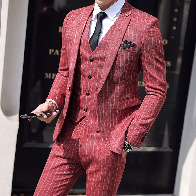 Casual  Costume Homme 3 Pièces Rouge Bordeaux  rayure  Grise Coupe Sport - MS