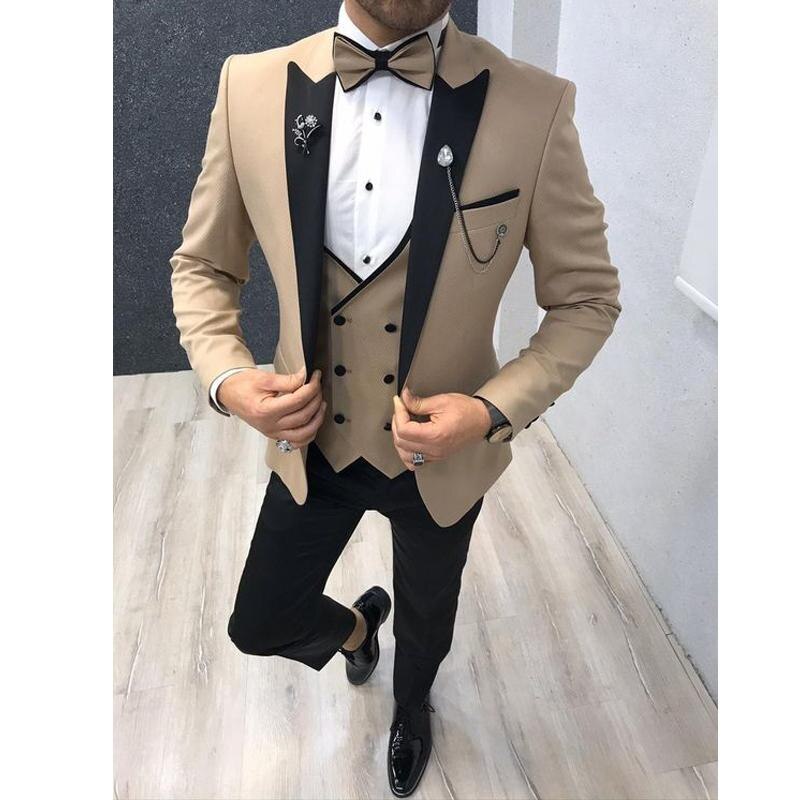 Beige / Noir 3 Pièces Costume Homme Sport. veste  Un Bouton coupe ajustée / Gilet Croisé / Pantalon - MS