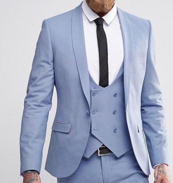 Bleu clair 3 pièces costume homme veste un bouton une fonte / gilet croisé / pantalon ... coupe sport - MS